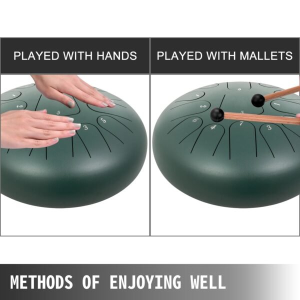 12" 13-Note Pan Drum – Green Steel Tongue Handpan with Music Book for Melodic Play - Image 8