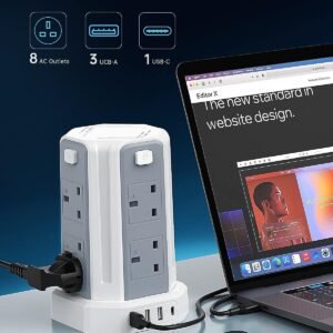 13A 3250W Tower Extension Lead – 8 Outlets & 4 USB Ports with 3M Cable for Home, Office, and Kitchen Use