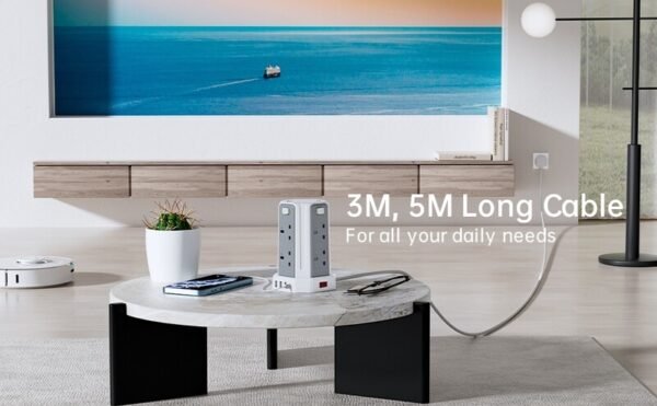 13A 3250W Tower Extension Lead – 8 Outlets & 4 USB Ports with 3M Cable for Home, Office, and Kitchen Use - Image 4