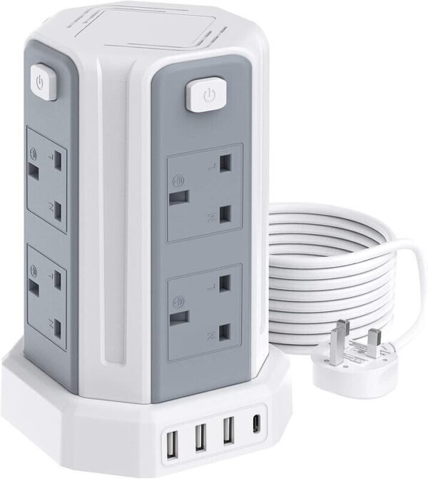13A 3250W Tower Extension Lead – 8 Outlets & 4 USB Ports with 3M Cable for Home, Office, and Kitchen Use - Image 5