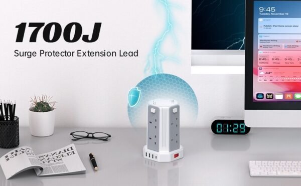 13A 3250W Tower Extension Lead – 8 Outlets & 4 USB Ports with 3M Cable for Home, Office, and Kitchen Use - Image 2