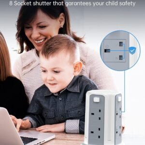 13A 3250W Tower Extension Lead – 8 Outlets & 4 USB Ports with 3M Cable for Home, Office, and Kitchen Use