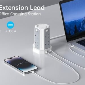 13A 3250W Tower Extension Lead – 8 Outlets & 4 USB Ports with 3M Cable for Home, Office, and Kitchen Use