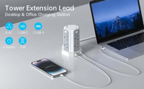 13A 3250W Tower Extension Lead – 8 Outlets & 4 USB Ports with 3M Cable for Home, Office, and Kitchen Use - Image 3
