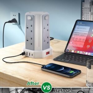 13A 3250W Tower Extension Lead – 8 Outlets & 4 USB Ports with 3M Cable for Home, Office, and Kitchen Use