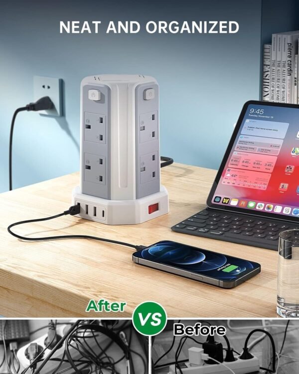 13A 3250W Tower Extension Lead – 8 Outlets & 4 USB Ports with 3M Cable for Home, Office, and Kitchen Use - Image 13
