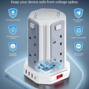 13A 3250W Tower Extension Lead – 8 Outlets & 4 USB Ports with 3M Cable for Home, Office, and Kitchen Use