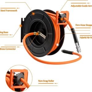 15m Retractable Air Line Reel + 1m Extension, Wall-Mounted 3/8" Hybrid Hose Reel, Heavy-Duty Steel Pneumatic Reel with 1/4" Quick Coupler for Efficient Air Tool Use