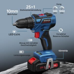 Cordless 20V Drill Set – 42 Accessories, 42Nm Electric Screwdriver, 2.0Ah Battery, 25+1 Torque, 2 Speed Settings, LED Light