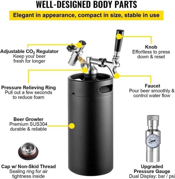 5L Stainless Steel Pressurized Mini Beer Keg with Adjustable System, Premium Tap, and CO2 Charger Kit for Home Brewing - Image 3
