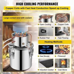 12L/20L/30L/50L 2-Pot DIY Home Moonshine Water Distiller - Stainless Steel Distillation Kit with Thermometer, Silver Coils, and Copper Coils for Spirits, Essential Oils, and Purified