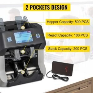 2-Pocket Mixed Denomination Bill Counter with UV, Money Counter Machine Counterfeit Banknote Counter and Detector Capacity: 500 Banknotes, 8 Screen Modes, Banks, Gas Stations