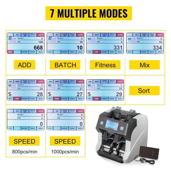 2-Pocket Mixed Denomination Bill Counter with UV, Money Counter Machine Counterfeit Banknote Counter and Detector Capacity: 500 Banknotes, 8 Screen Modes, Banks, Gas Stations - Image 12