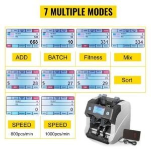 2-Pocket Mixed Denomination Bill Counter with UV, Money Counter Machine Counterfeit Banknote Counter and Detector Capacity: 500 Banknotes, 8 Screen Modes, Banks, Gas Stations