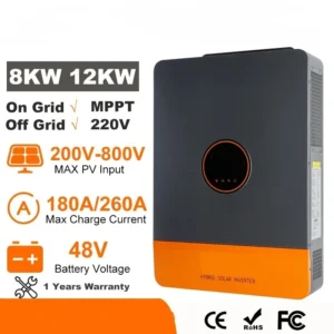 8kw-12KW Hybrid Solar Inverter 48V 220V 415V Three Phase On Off Grid System Dual MPPT 180A 260A Solar Charger Pure Sine Wave Output for Home Commercial Industrial Use