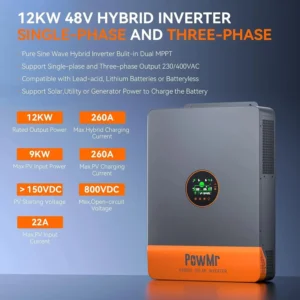 8kw-12KW Hybrid Solar Inverter 48V 220V 415V Three Phase On Off Grid System Dual MPPT 180A 260A Solar Charger Pure Sine Wave Output for Home Commercial Industrial Use