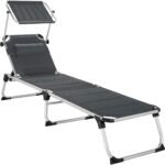 Foldable Aluminium Garden Lounger with Roof, Pillow, Padded Lying Surface, 6-Way Adjustable Backrest, and Two Carry Handles for Outdoor Relaxation