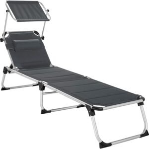 Foldable Aluminium Garden Lounger with Roof, Pillow, Padded Lying Surface, 6-Way Adjustable Backrest, and Two Carry Handles for Outdoor Relaxation