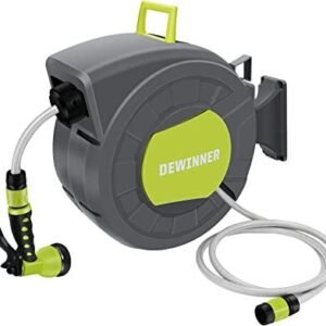 Garden Hose Reel with Wall Mount, Automatic Rewind, and Multi-Function Spray Nozzle for Easy Watering