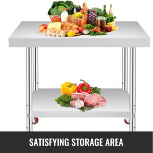 Adjustable Stainless Steel Kitchen Work Table with 4 Casters - 60x30cm Heavy-Duty Prep Station for Home or Commercial Use