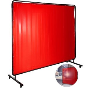 Flame-Resistant Vinyl Welding Curtain with Frame and Wheels, 8' x 6', Red â€“ Heavy-Duty Welding Shield
