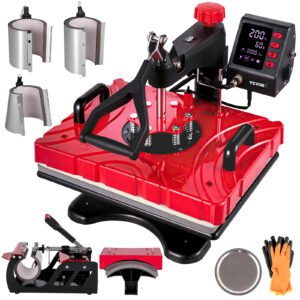 Heat Press 12x15 Red Sublimation Machine for Caps and Mugs, 8-in-1 Multifunctional Heat Press for T-Shirts, Mugs, Hats, and More