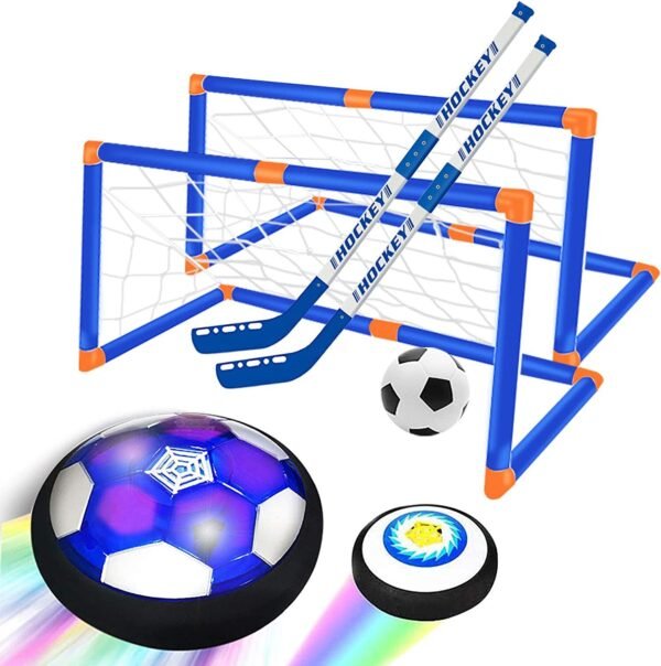 Set of 3 balls, 2 strikes, and 2 football goals for air power football hover ball hockey.