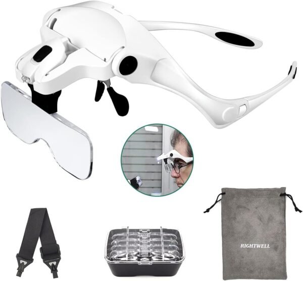 Head Magnifier with Headband - LED Magnifying Glasses with 1X to 3.5X Zoom Hands Free for Hobbies, Reading, Close Work, Jewelry Work, Repair Work, Arts & Crafts -5 Detachable Lenses