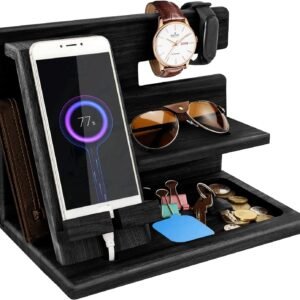 Dad Wood Bedside Phone Docking Station & Organizer for Christmas Gift, Multi-Function Storage for Phones, Watches, and Accessories