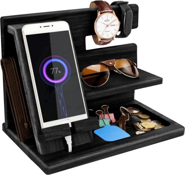 Dad Wood Bedside Phone Docking Station & Organizer for Christmas Gift, Multi-Function Storage for Phones, Watches, and Accessories