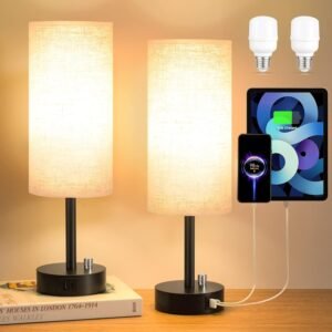 Fully Dimmable Bedside Table Lamp Set of 2 with USB C+A Charging Ports, Knob Switch, and Bulbs Included for Bedroom, Living Room, and Office Use