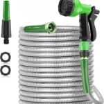 100ft Stainless Steel Garden Hose Pipe â€“ Heavy-Duty Metal Water Hose with 2 Spray Nozzles for Yard and Outdoor Use