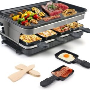 8 Mini Non-Stick Pans for Raclette Cheese Dishes - Cooking Party Kitchen Cooker with 1 Steak Pan and 1500W BBQ Grill for Healthy Grilling and Entertaining