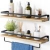 Set of 2 Floating Shelves, Rustic Wall Shelves with Length 42cm, Removable Towel Holder, Wall Mounted Shelves for Bathroom, Living Room, Bedroom, Kitchen