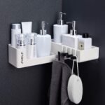 Bathroom Shelves Rotatable Corner Shower Caddy â€“ Drill-Free, Wall-Mounted Bathroom Corner Rack Organiser with 4 Hooks, Waterproof Adhesive Shower Basket