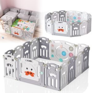 Grey/White Baby Playpen | Foldable 14-Panel Protective Gate with Crawling Mat