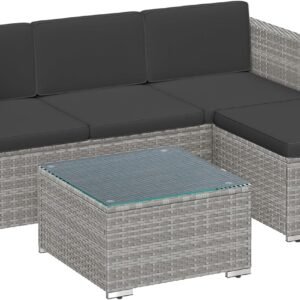 Garden Furniture Set PE Poly Rattan Patio Furniture Corner Sofa Outdoor Handwoven Rattan Lounge Set with Cushions and Glass Table Grey