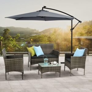 4 Piece Rattan Garden Furniture Set with Cushions Weather Resistant Wicker Chairs and Table Stylish Outdoor Patio Set for Garden Balcony Terrace Porch Backyard Lounge Relaxing Seating Set