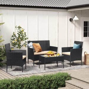 4 Piece Rattan Garden Furniture Set with Cushions Weather Resistant Wicker Chairs and Table Stylish Outdoor Patio Set for Garden Balcony Terrace Porch Backyard Lounge Relaxing Seating Set