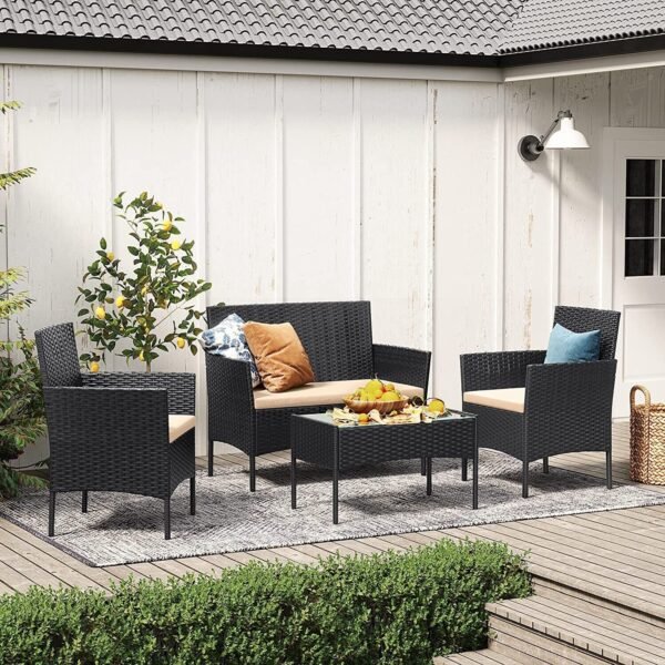 4 Piece Rattan Garden Furniture Set with Cushions Weather Resistant Wicker Chairs and Table Stylish Outdoor Patio Set for Garden Balcony Terrace Porch Backyard Lounge Relaxing Seating Set - Image 24