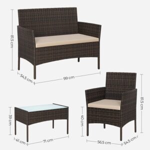4 Piece Rattan Garden Furniture Set with Cushions Weather Resistant Wicker Chairs and Table Stylish Outdoor Patio Set for Garden Balcony Terrace Porch Backyard Lounge Relaxing Seating Set