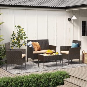 4 Piece Rattan Garden Furniture Set with Cushions Weather Resistant Wicker Chairs and Table Stylish Outdoor Patio Set for Garden Balcony Terrace Porch Backyard Lounge Relaxing Seating Set