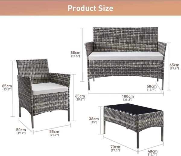 4 Piece Rattan Garden Furniture Set with Cushions Weather Resistant Wicker Chairs and Table Stylish Outdoor Patio Set for Garden Balcony Terrace Porch Backyard Lounge Relaxing Seating Set - Image 18