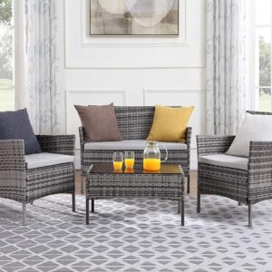 4 Piece Rattan Garden Furniture Set with Cushions Weather Resistant Wicker Chairs and Table Stylish Outdoor Patio Set for Garden Balcony Terrace Porch Backyard Lounge Relaxing Seating Set