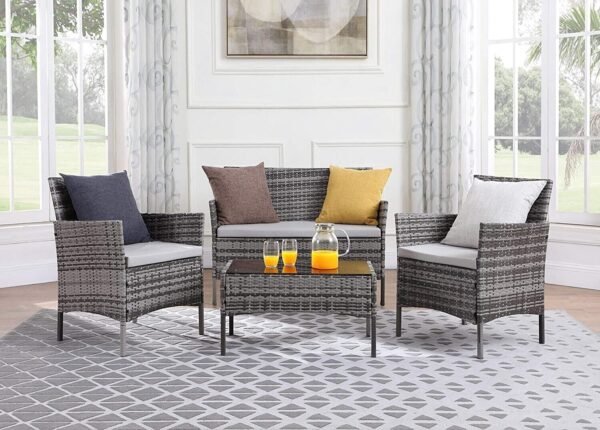 4 Piece Rattan Garden Furniture Set with Cushions Weather Resistant Wicker Chairs and Table Stylish Outdoor Patio Set for Garden Balcony Terrace Porch Backyard Lounge Relaxing Seating Set - Image 27