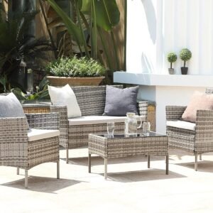 4 Piece Rattan Garden Furniture Set with Cushions Weather Resistant Wicker Chairs and Table Stylish Outdoor Patio Set for Garden Balcony Terrace Porch Backyard Lounge Relaxing Seating Set
