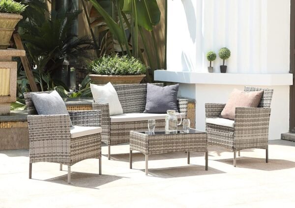 4 Piece Rattan Garden Furniture Set with Cushions Weather Resistant Wicker Chairs and Table Stylish Outdoor Patio Set for Garden Balcony Terrace Porch Backyard Lounge Relaxing Seating Set - Image 10