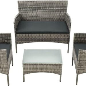4 Piece Rattan Garden Furniture Set with Cushions Weather Resistant Wicker Chairs and Table Stylish Outdoor Patio Set for Garden Balcony Terrace Porch Backyard Lounge Relaxing Seating Set