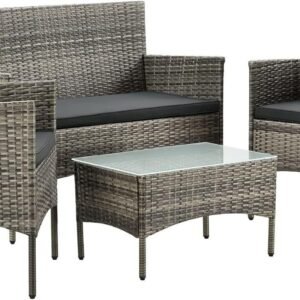 4 Piece Rattan Garden Furniture Set with Cushions Weather Resistant Wicker Chairs and Table Stylish Outdoor Patio Set for Garden Balcony Terrace Porch Backyard Lounge Relaxing Seating Set