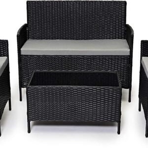 4 Piece Rattan Garden Furniture Set with Cushions Weather Resistant Wicker Chairs and Table Stylish Outdoor Patio Set for Garden Balcony Terrace Porch Backyard Lounge Relaxing Seating Set